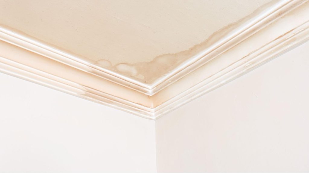 Vochtplekken en verkleuring aan het plafond door waterschade van de bovenburen